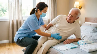 Pflegeperson hilft Seniorin zu Hause bei der Pflege.